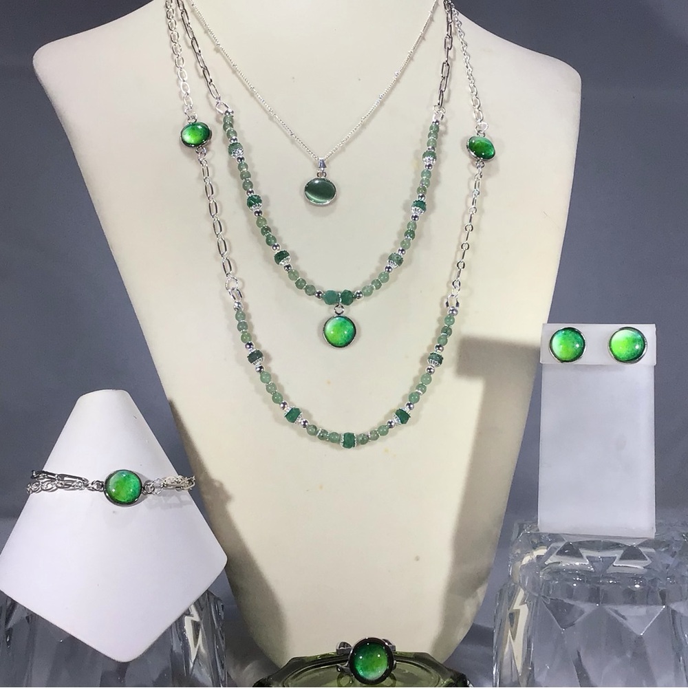 Handmade Pop of Color 3 Piece Necklace Set-Glass Cabochon-Gemstone-Aventurine